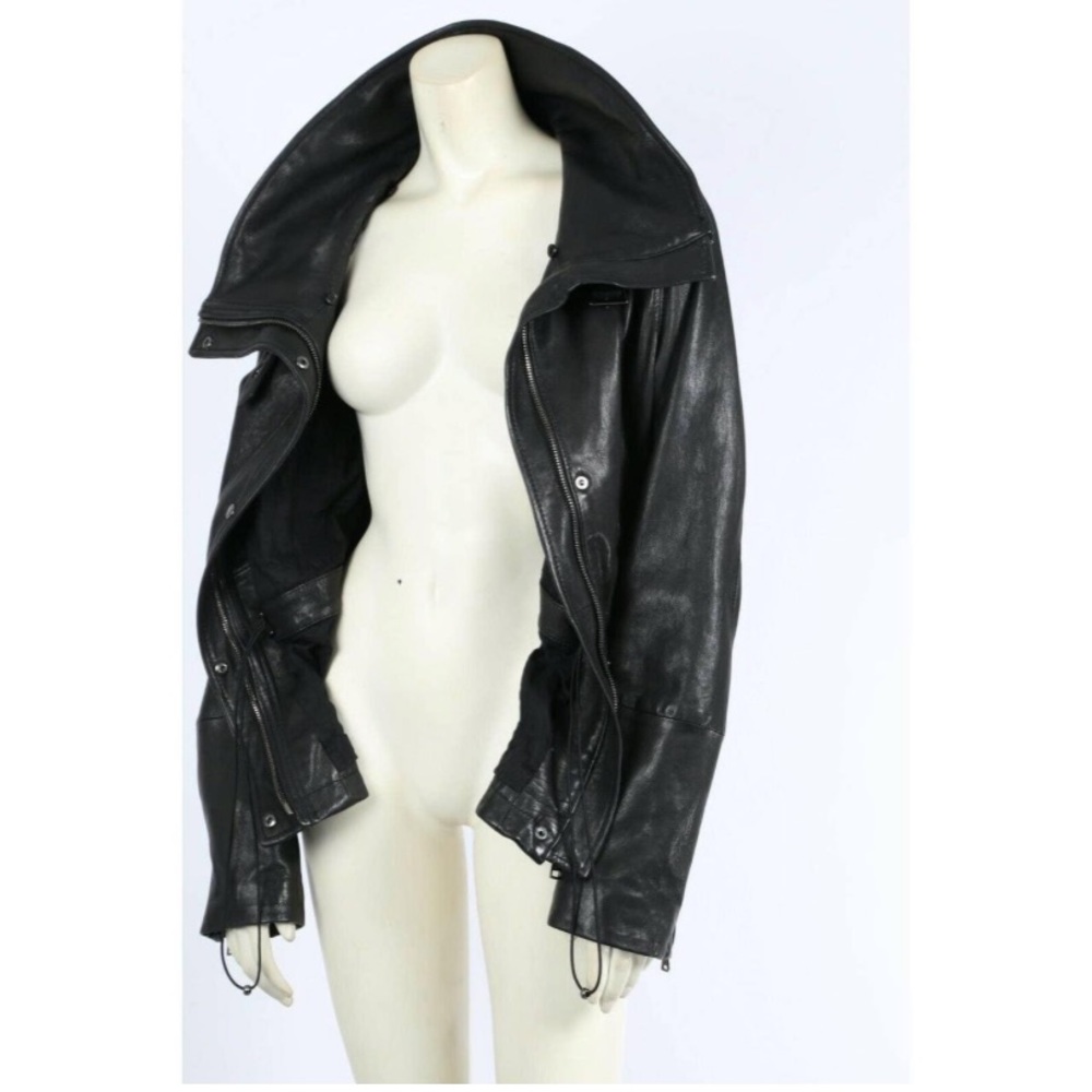 Andrew Marc wide collar zip genuine real Leather Jacket women’s black